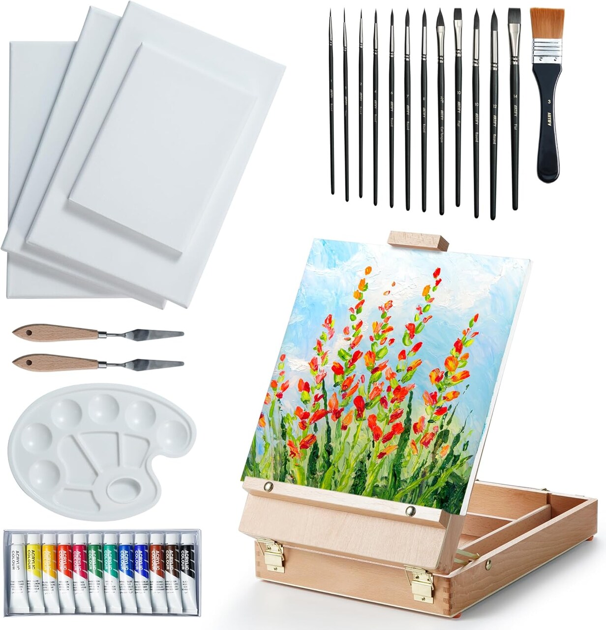 ARTIFY Art Supplies Kit, Tabletop Easel Set with 12 Acrylic Paints, 13 Paint Brushes, 4 Canvas Boards, 2 Palette Knives & Plastic Palette, Gift for Kids, Artists & Adults